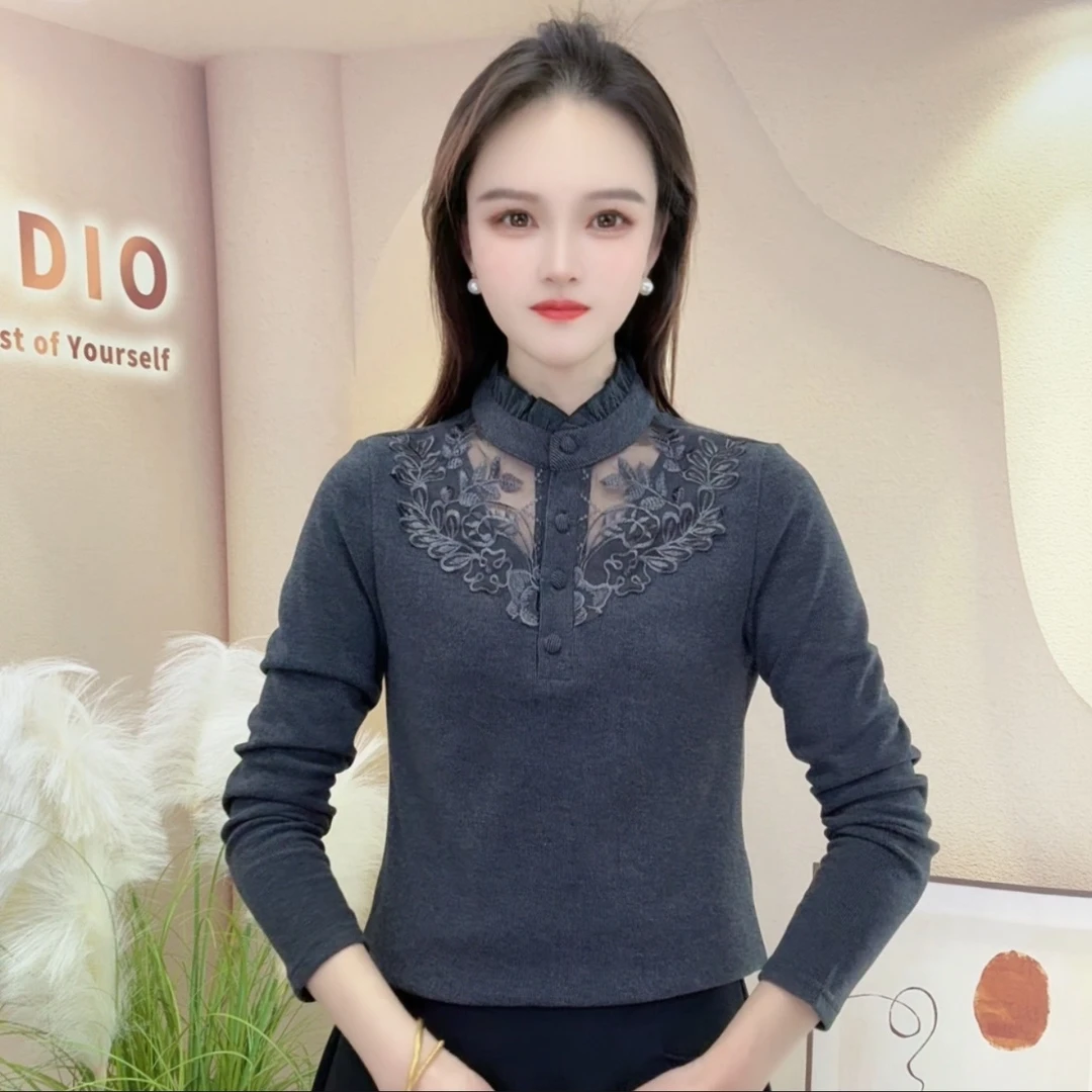 花边领设计镂空百搭气质显瘦加绒加厚女士长袖小衫保暖打底衫衬衫