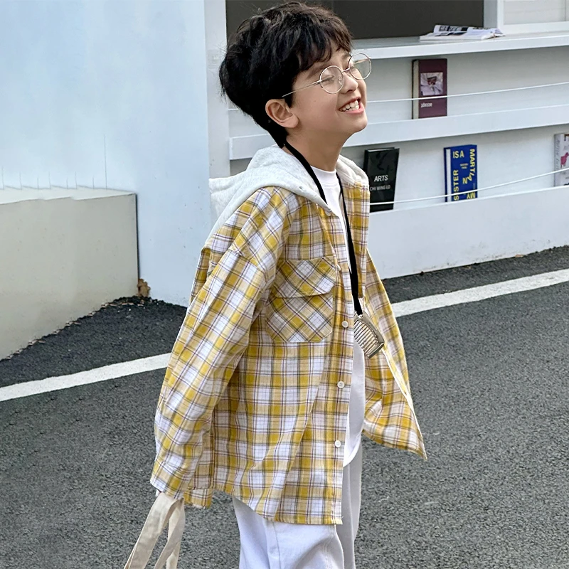 【媛老板】男童春装衬衫外套2025新款痞帅中大童长袖休闲连帽上衣