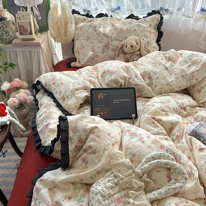 小清新少女心云感双层纱皱皱边床上高颜值四件套碎花床单人三件套