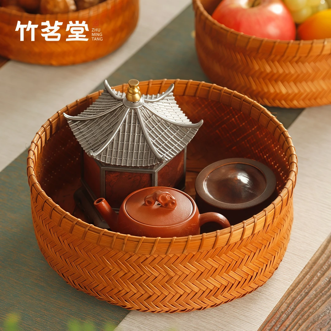 大漆竹编收纳筐手工竹编篮子茶室桌面收纳盒复古竹篮收纳盒馒头筐