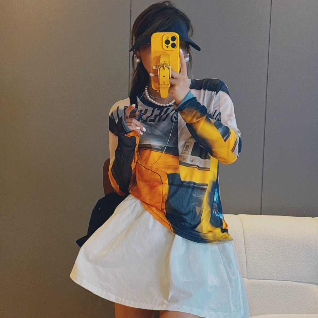 欧货新款复古印花款长袖防晒网纱打底