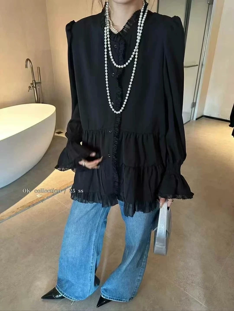 奶油千层时尚百搭荷叶边设计感法式复古小众花边衬衫上衣