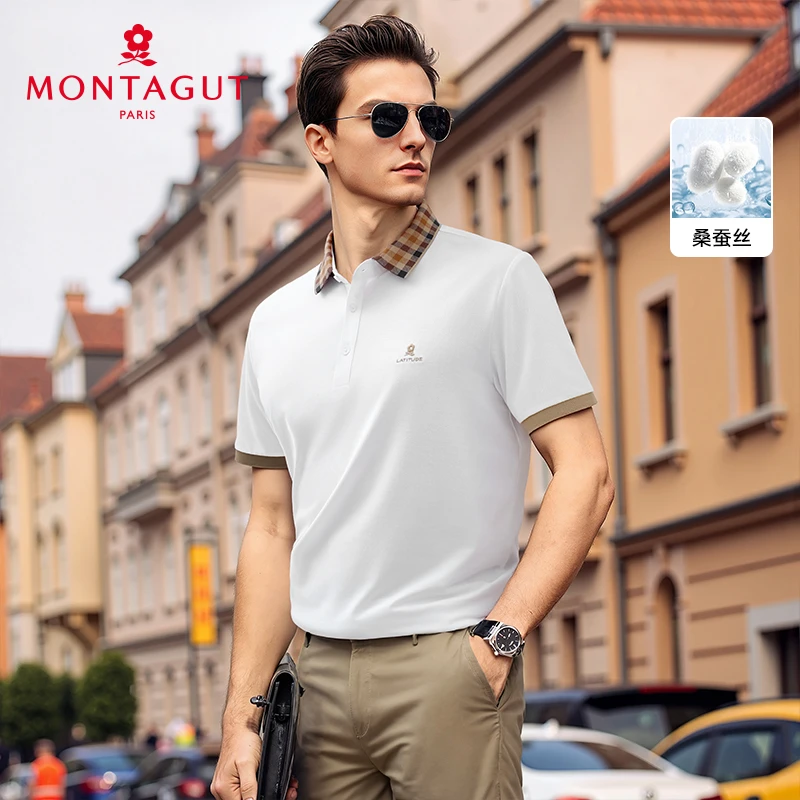 梦特娇【含蚕丝长绒棉/色织格纹领】夏短袖POLO衫凉感T恤385113255D