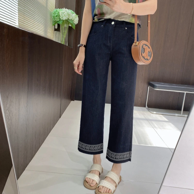 IMFLY金小金自制女装 牛仔裤DYK2702夏季花边装饰直筒九分牛仔裤