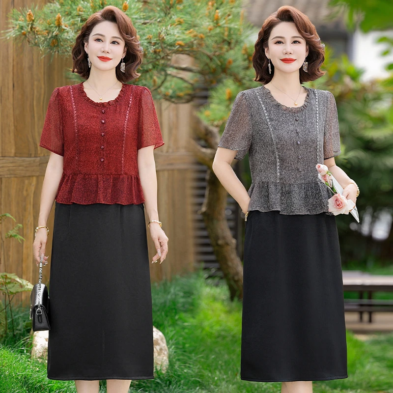 中老年妈妈时尚连衣裙2025新款夏季薄款百搭显瘦中长连衣裙气质