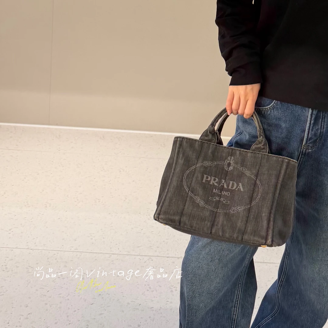 95新 Prada/普拉达 尚品一阁/黑色牛仔沙滩包单肩包