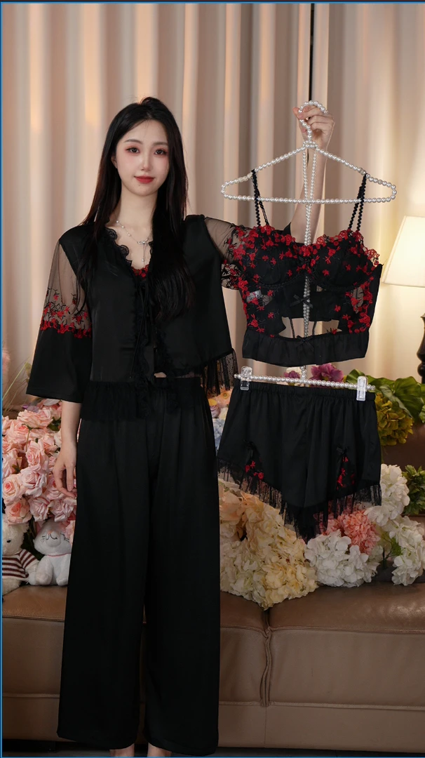 【暮云蔷薇】女士冰丝吊带睡衣套装春夏性感纯欲带胸垫显瘦家居服