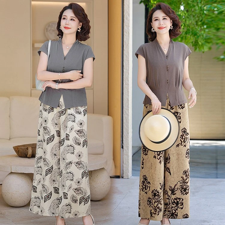 618妈妈夏装洋气百搭时尚减龄小衫套装中老年显瘦上衣印花阔腿裤