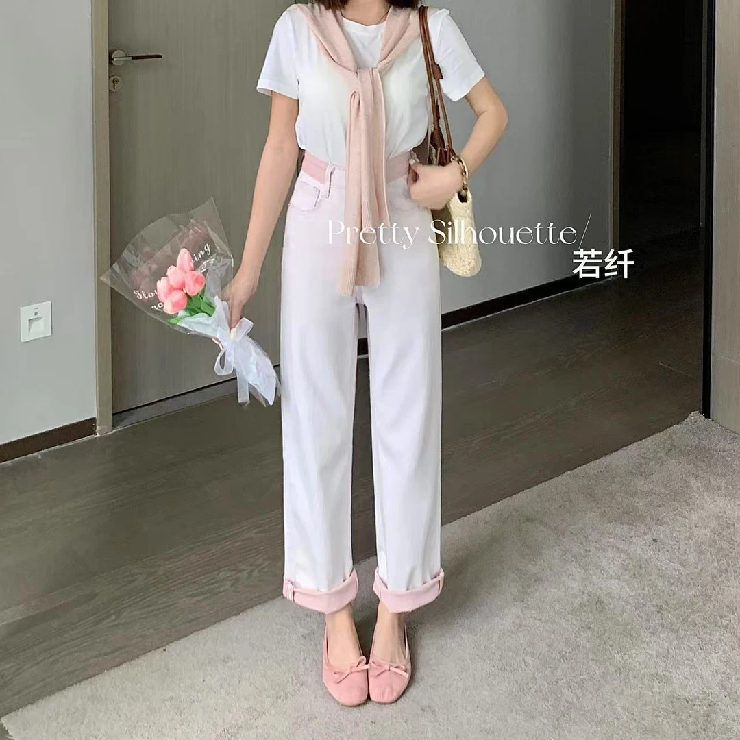 Pretty Silhouette/若纤夏款上新【樱花粉】八面微弹直筒裤高腰