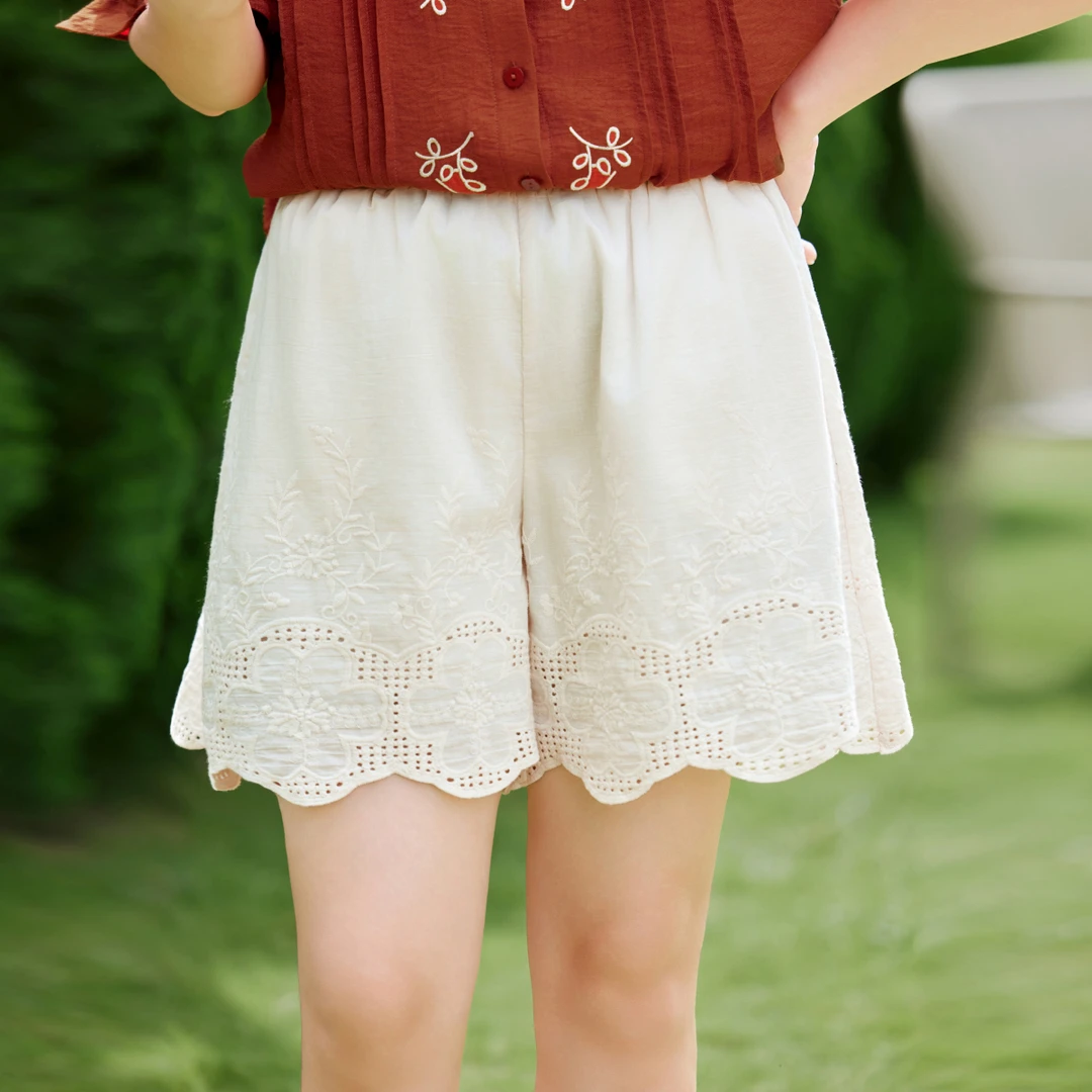 【全棉显瘦短裤】MsShe大码女装2025夏新款度假刺绣阔腿S~F2505021