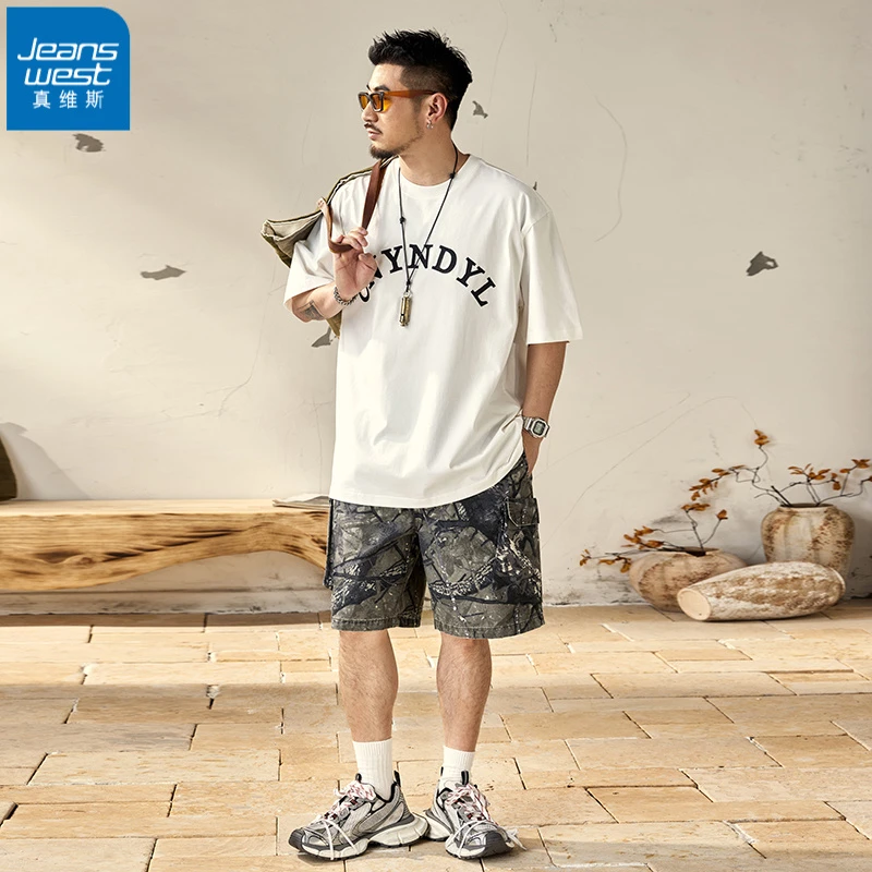 真维斯设计感美式潮牌夏季新款灰色树枝迷彩美式迷彩宽松男装短裤