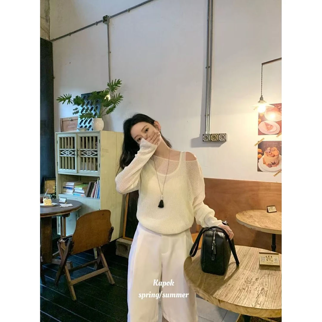 J-25801#【一眼心动】温柔显瘦罩衫可斜肩上衣+背心两件