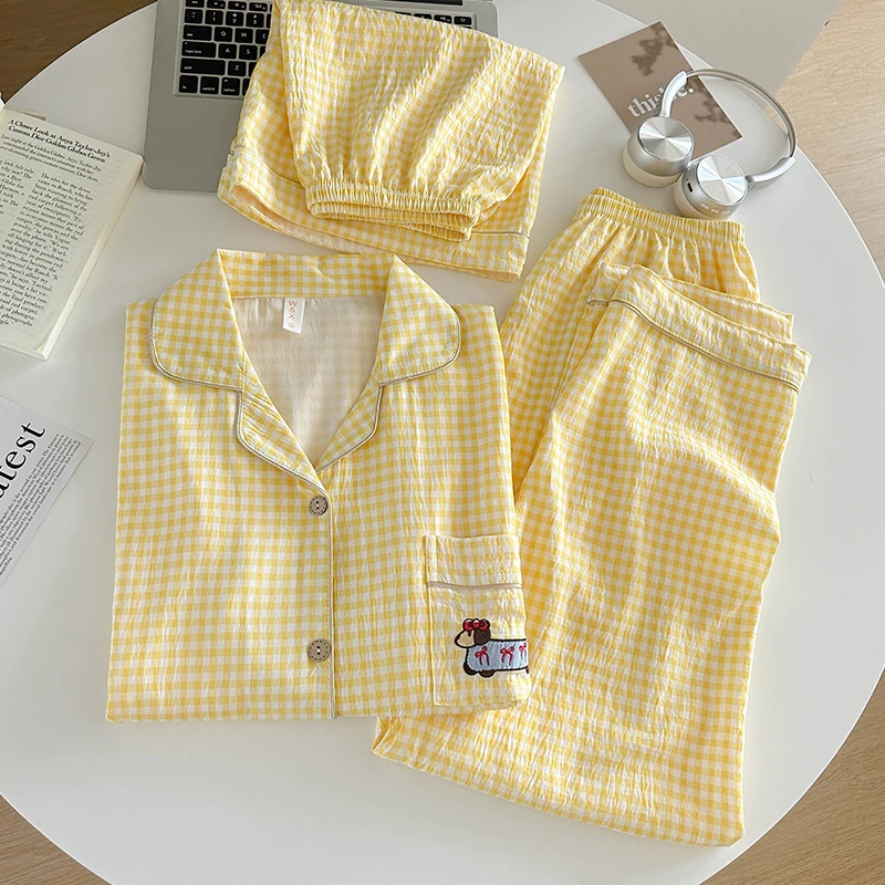 【拍一发三】夏季三件套装睡衣女短袖长裤薄款ins风夏天学生家居服