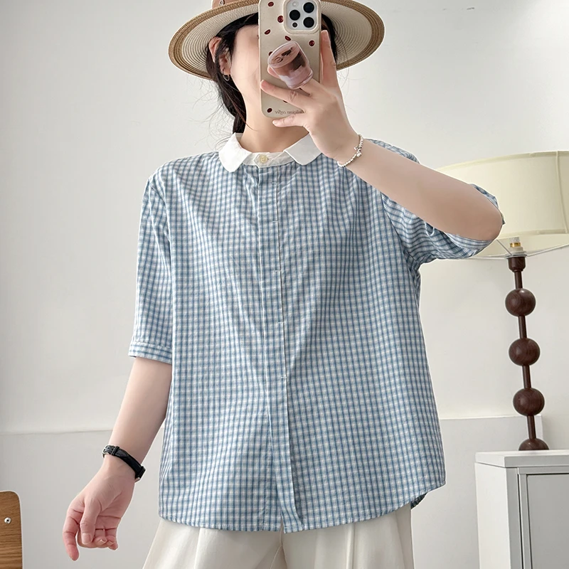 清新蓝格子夏季翻领百搭氛围感衬衫女韩版显瘦休闲设计款小众衬衣