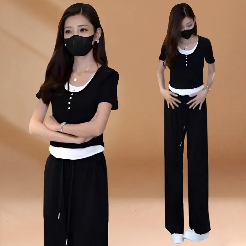 休闲运动套装女韩系简约假两件短袖T恤上衣+阔腿长裤显瘦两件套装