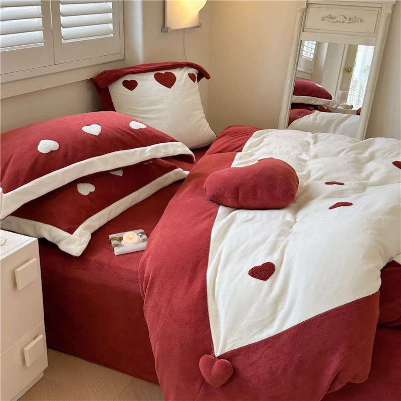 【专柜品质】10.5斤加厚牛奶绒四件套立体爱心大红色高端绒公主被套