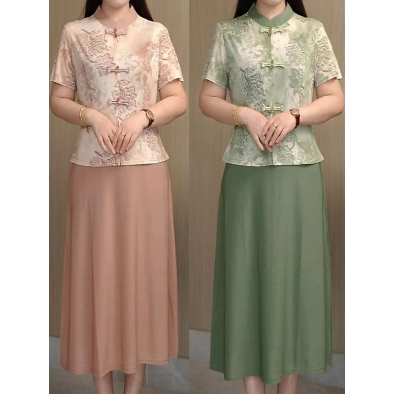 母亲节新款妈妈装新中式假两件连衣裙女高档时尚气质遮肚显瘦裙子