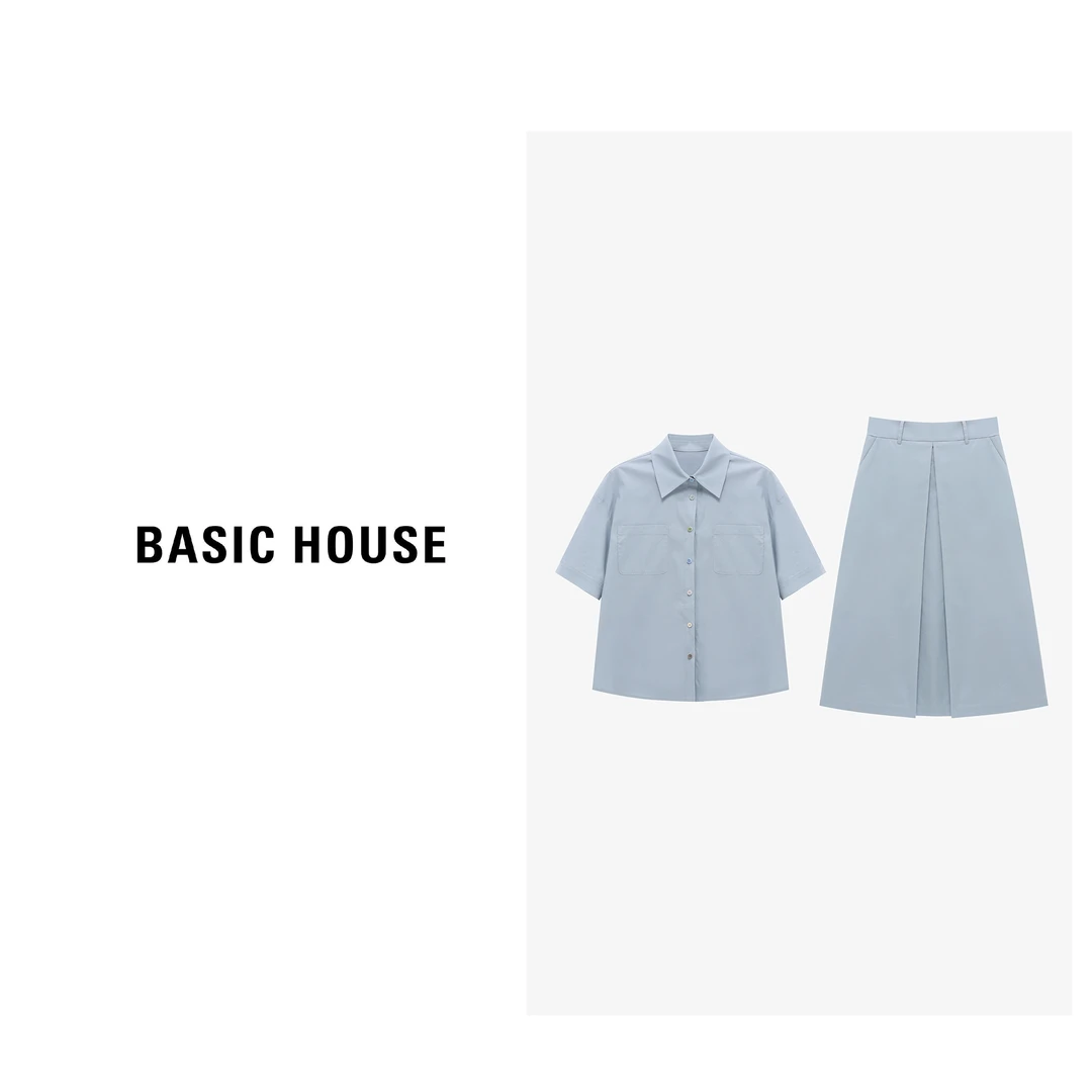 Basic House/百家好夏季新款极简风彩扣点缀衬衫套装-B0625B5I042