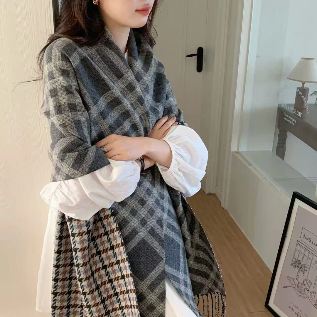 5色；双面格子羊绒围巾女秋冬保暖围脖时尚百搭情侣披肩
