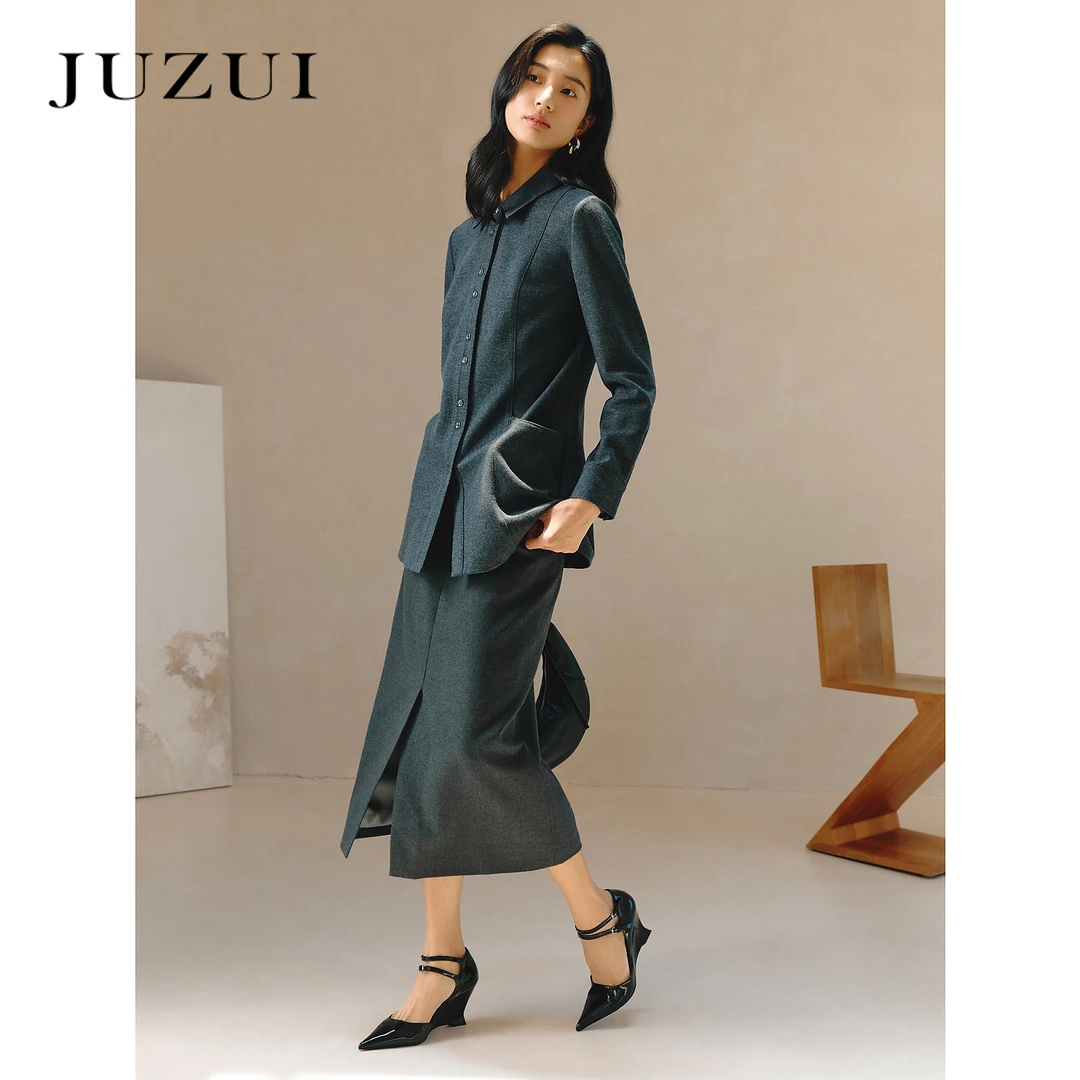 商场同款厂玖姿高智格雷羊毛开叉半身裙女2024冬季新款JWED20104