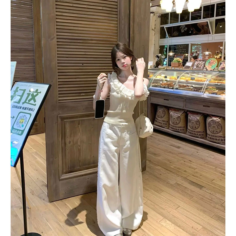 2025夏季新款chic网红少女感减龄木耳边斜领针织上衣配高腰阔腿裤