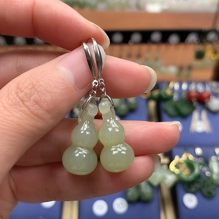 和田玉银S925镶嵌耳饰葫芦22左右晴水