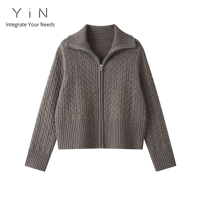 【AllYiN】YIN绵羊毛牦牛绒混纺短款拉链翻领绞花开衫24229-1