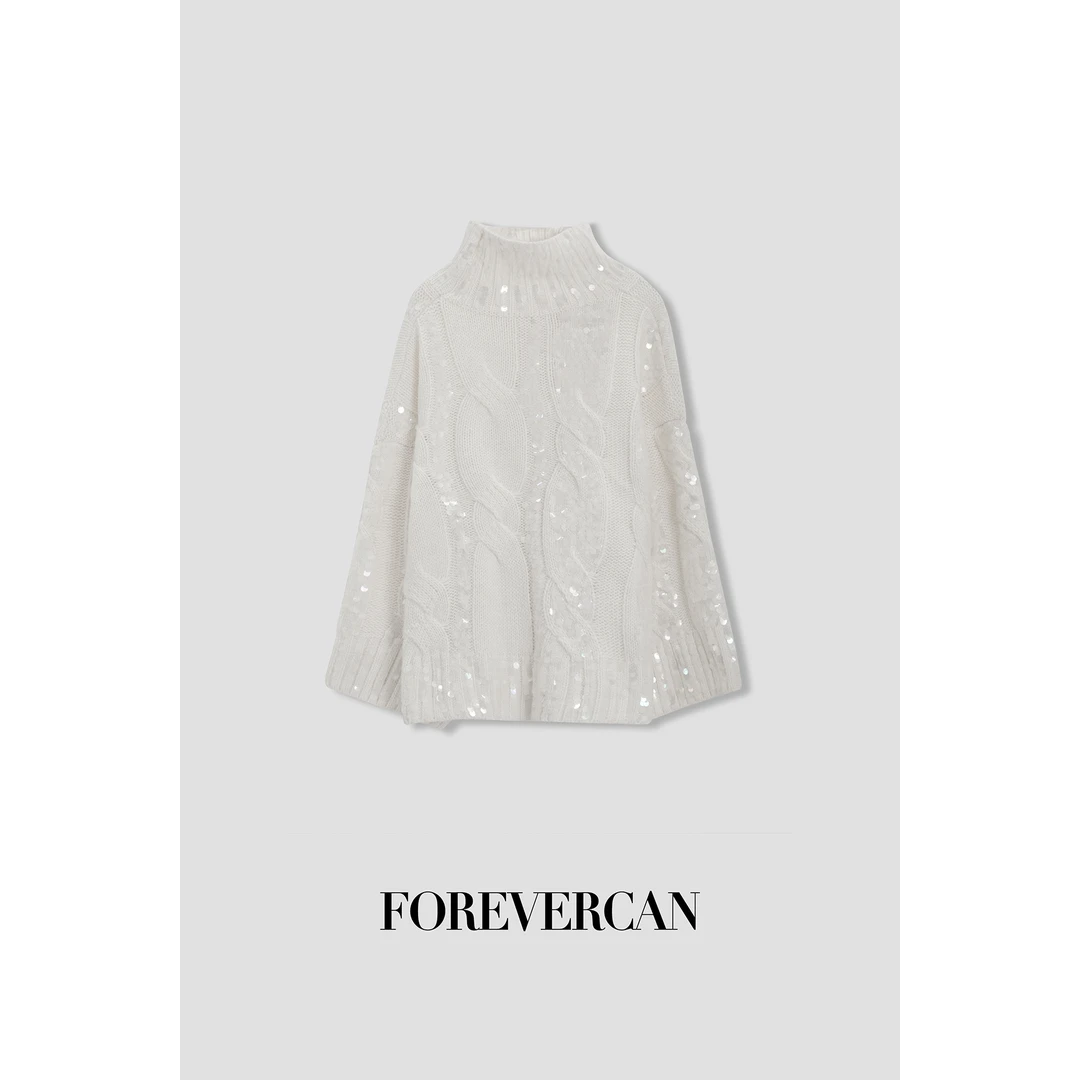 FOREVERCAN“仙雾白龙”手工亮片纽花编织宽松高领针织上衣 MY3923