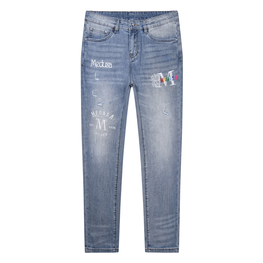 MeduSa/美杜莎男士牛仔裤四季款刺绣烫钻时尚百搭休闲长裤子N5007
