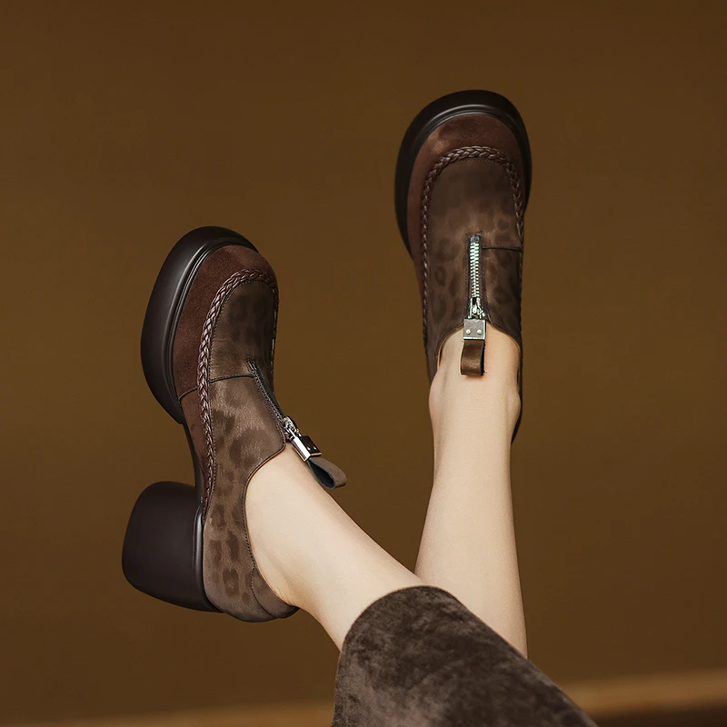 牛皮/跟高8cm/百搭真皮复古粗跟厚底英伦风秋冬圆头舒适妈妈单鞋