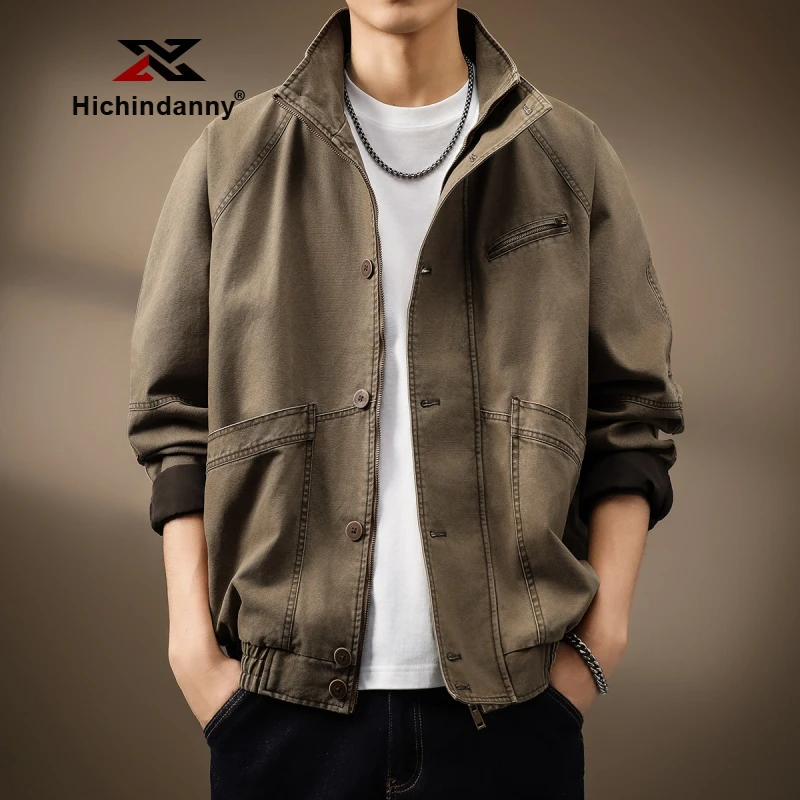 HICHIN休闲运动夹克男士春秋复古工装茄克立领新款猎装机车外套