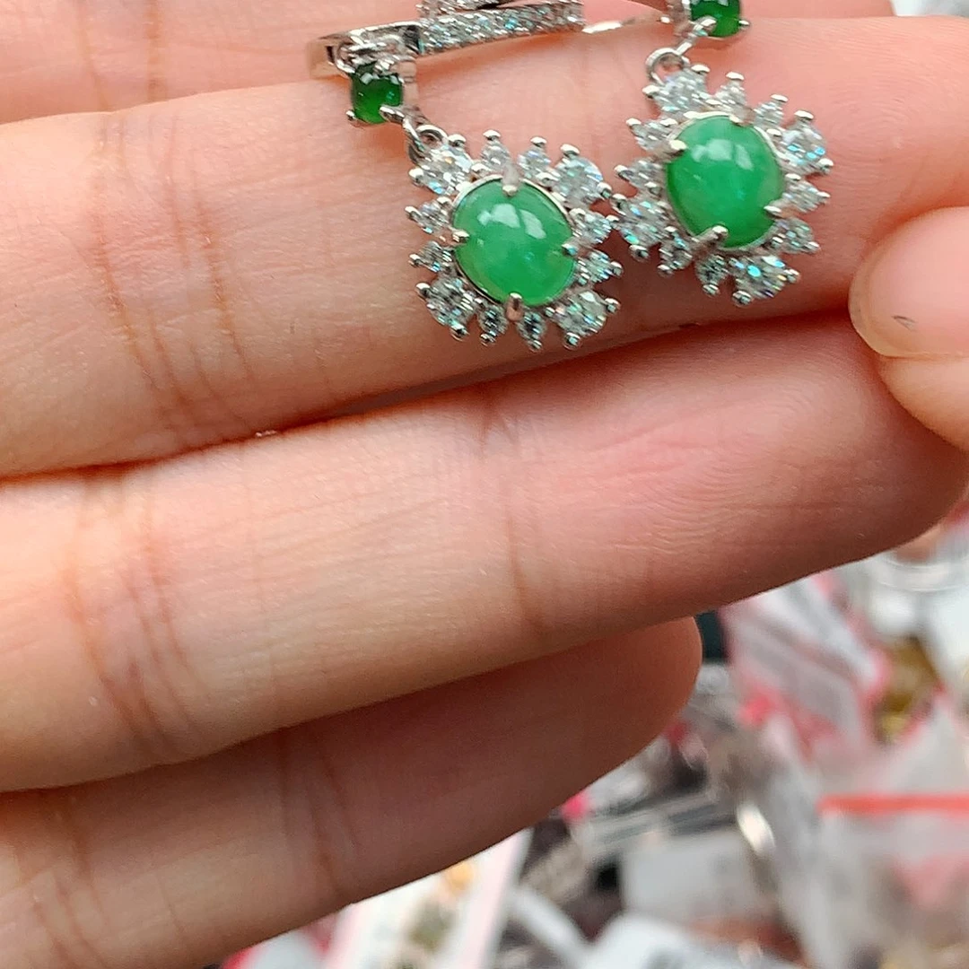 翡翠戒指银S925镶嵌天然翡翠耳饰