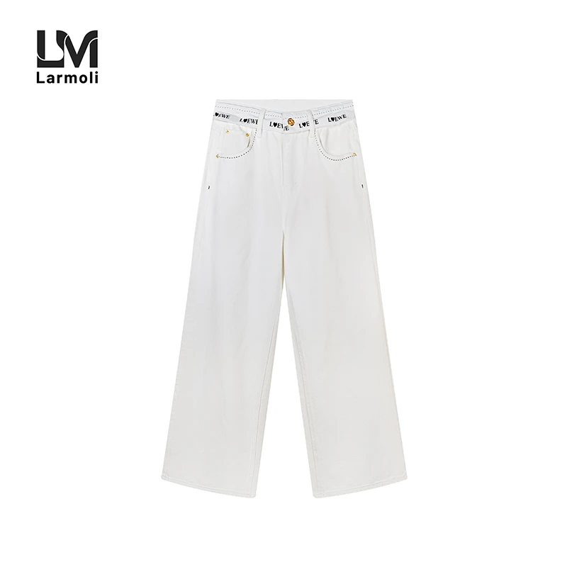 Larmoli2173白色牛仔裤2025新款潮流直筒休闲长裤子