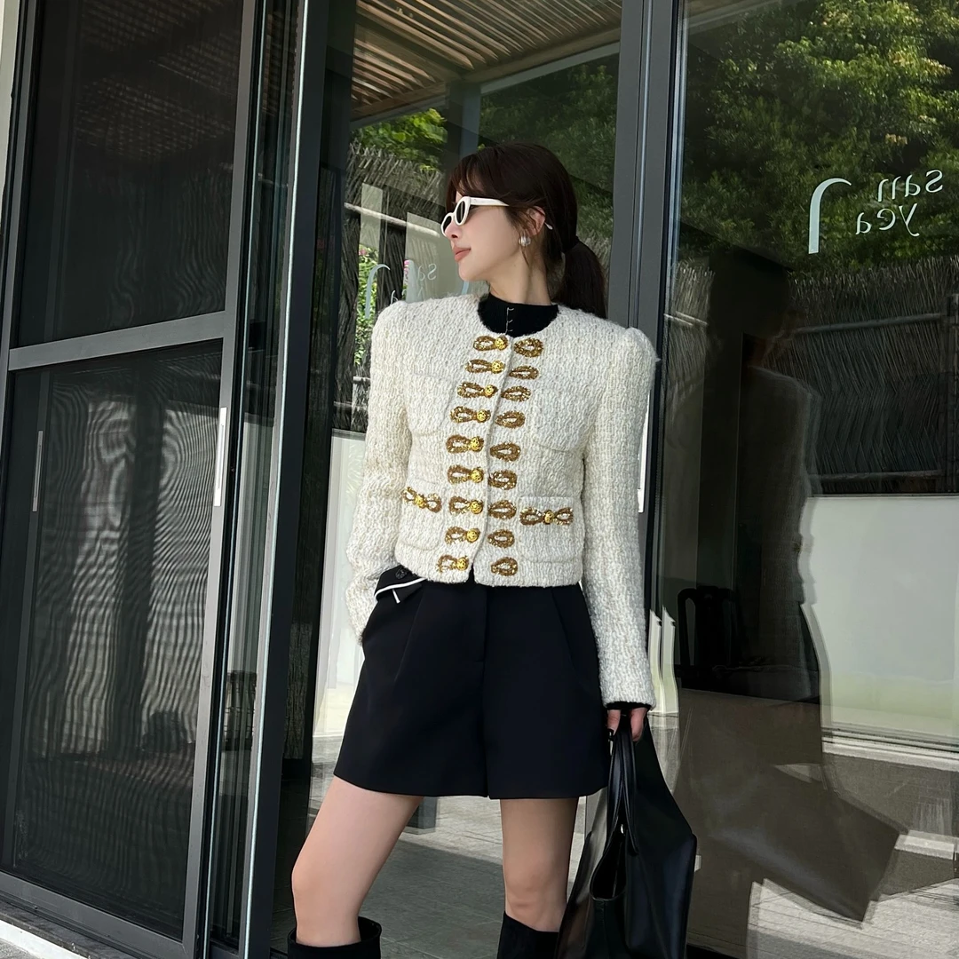 QIANJIE家｜独立原创小众设计师秋冬金丝亮片排扣小香短外套41259