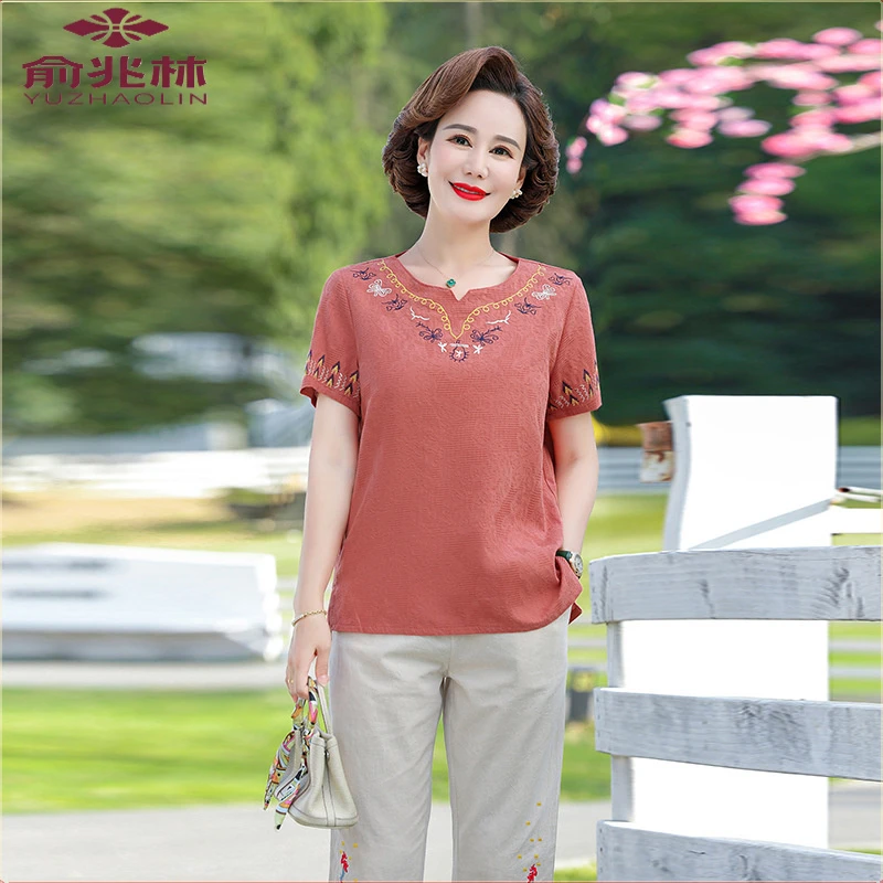 俞兆林中年麻棉亚麻女高端套装中国风妈妈夏装新款新款中老年短袖
