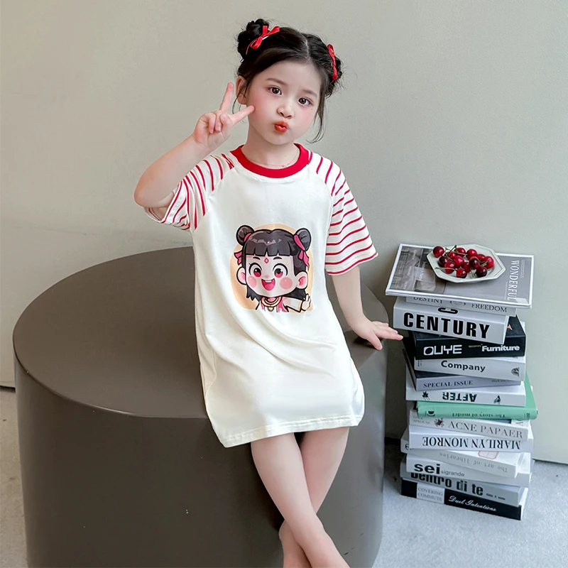 哪吒女童睡衣短袖睡裙夏季莫代尔宝宝家居服薄款空调服女孩连体裙