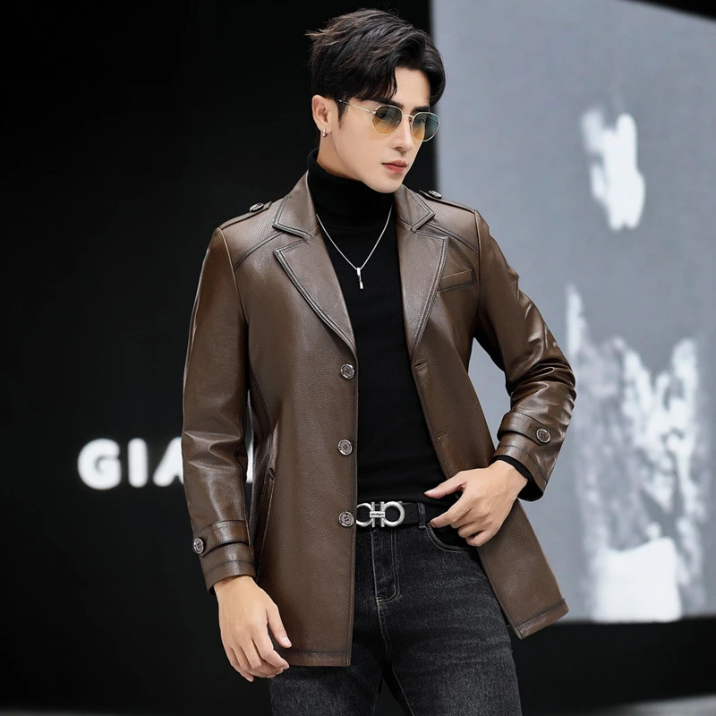 海宁真皮皮衣男头层牛皮风衣中长款西装领商务修身皮夹克猎装外套