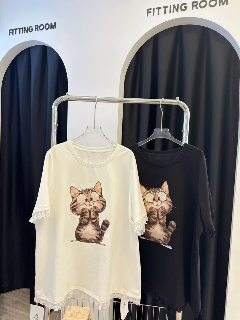 2025广州LYH68279春夏新款可爱小猫重工蕾丝花边半袖T恤