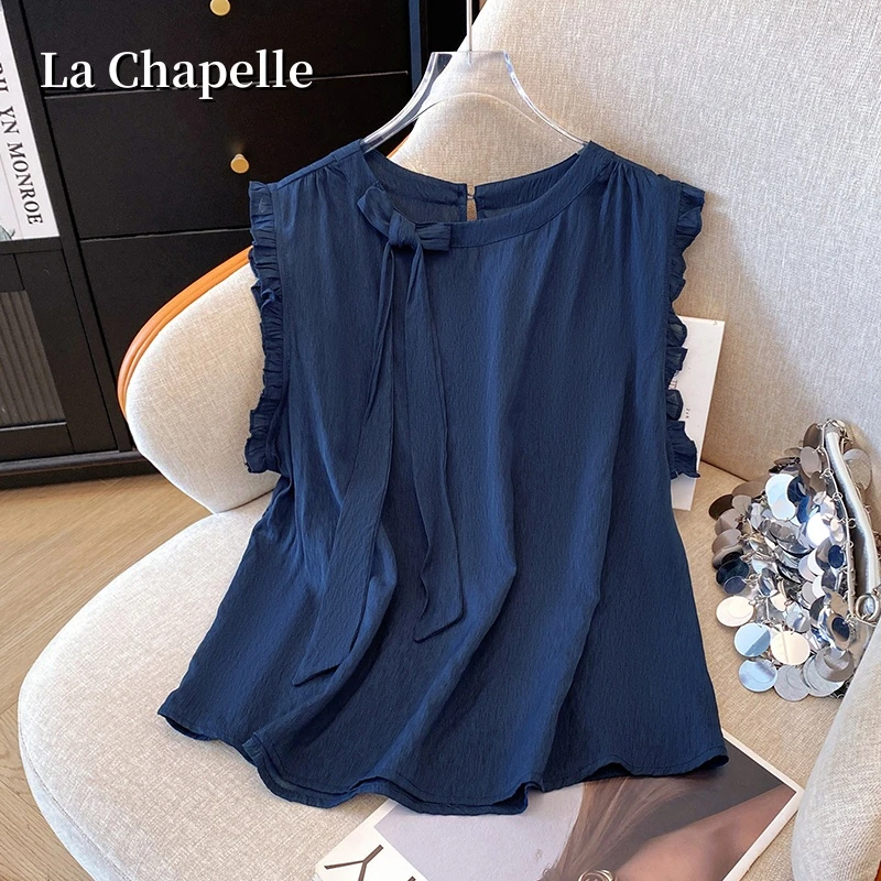 拉夏贝尔夏季新款时尚百搭无袖蝴蝶结木耳边飞飞袖显瘦上衣衬衫女