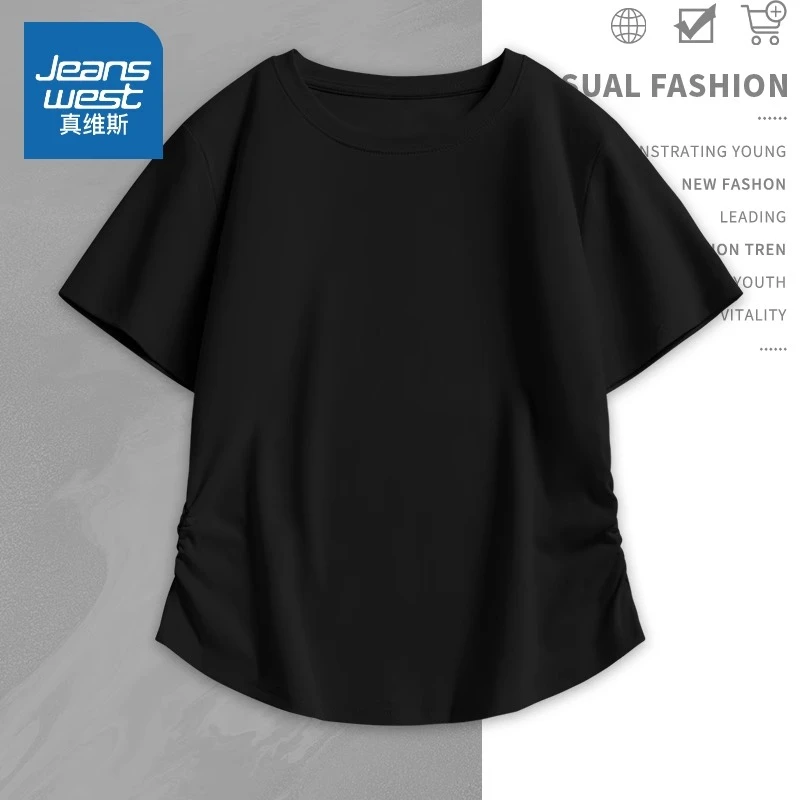 真维斯短袖t恤女2025春夏款纯色收腰设计感半袖重磅短款弹力上衣