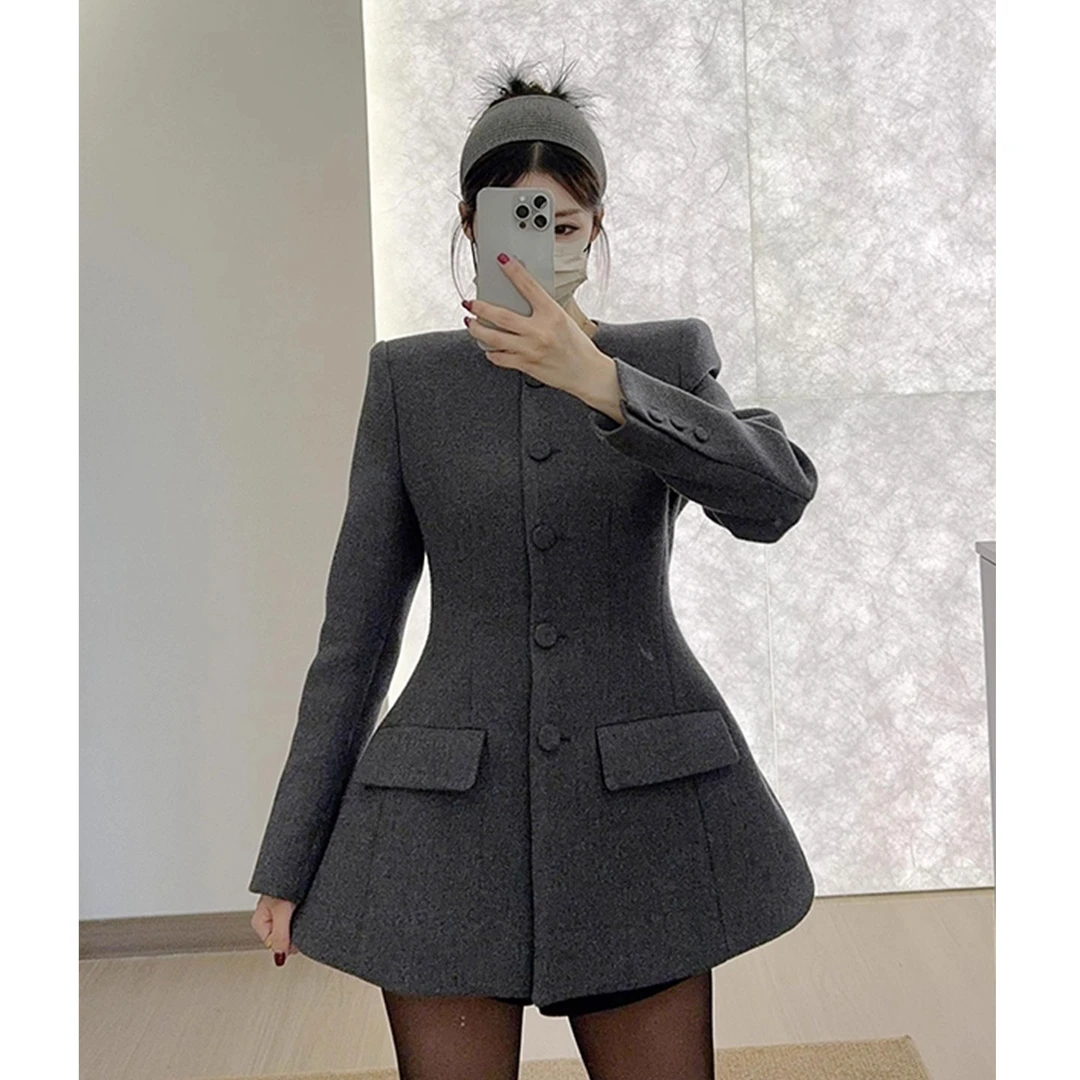 欧洲站高级沙漏腰灰色毛呢西装外套女冬季新款韩版中长款呢子大衣