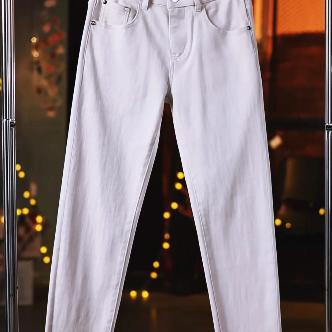 男秋冬小直筒男士米白色中腰牛仔裤休闲裤弹力直筒舒适牛仔裤