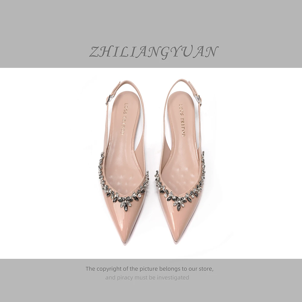 前包后空一字带平底平跟裸色尖头水钻高跟鞋百搭不累脚矮跟凉鞋夏