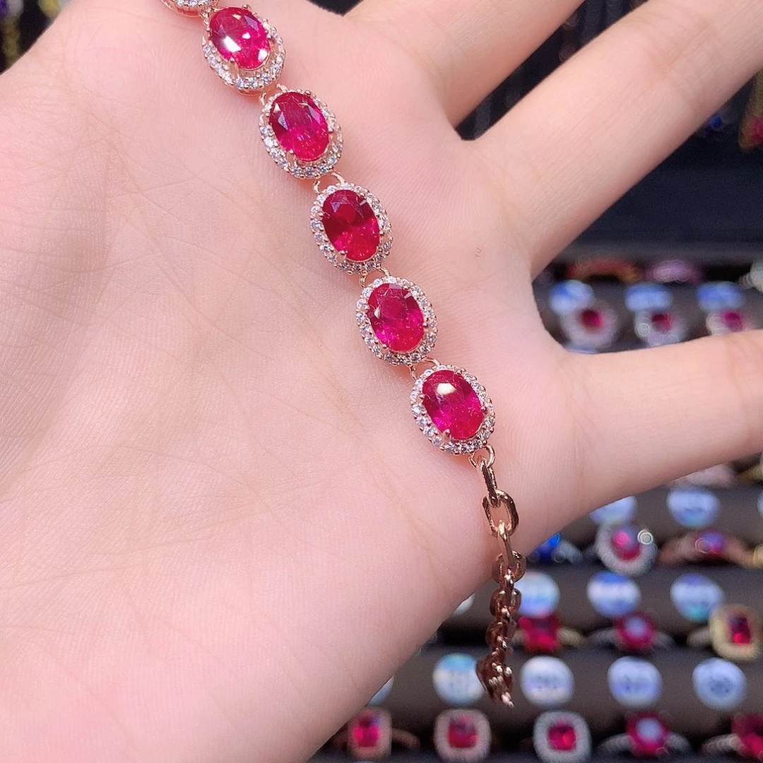 手链银S925镶嵌红宝石玫瑰金