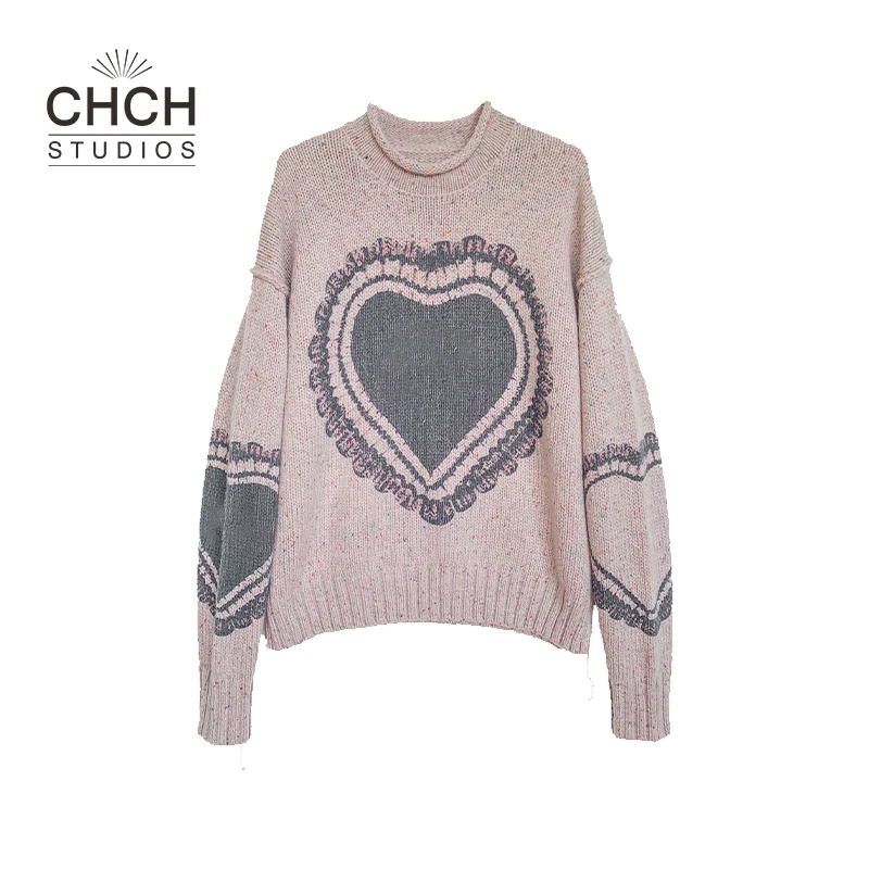RAQZZ12401爱心印花卷边领毛衫秋冬时尚中长款长袖慵懒风毛衣