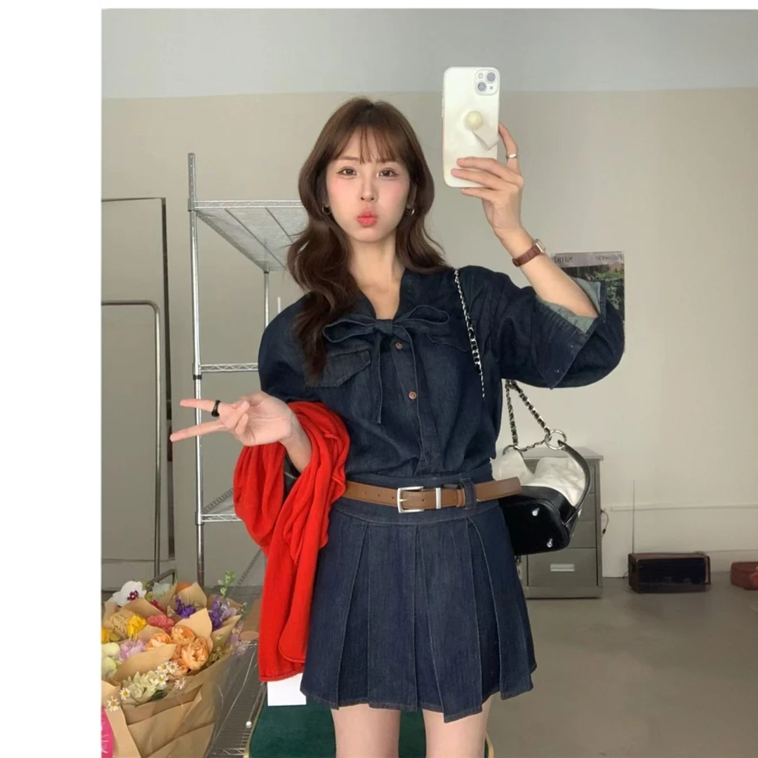 【晨浠定制】深圳南油新款复古风系带牛仔衬衫百褶裙套装5859