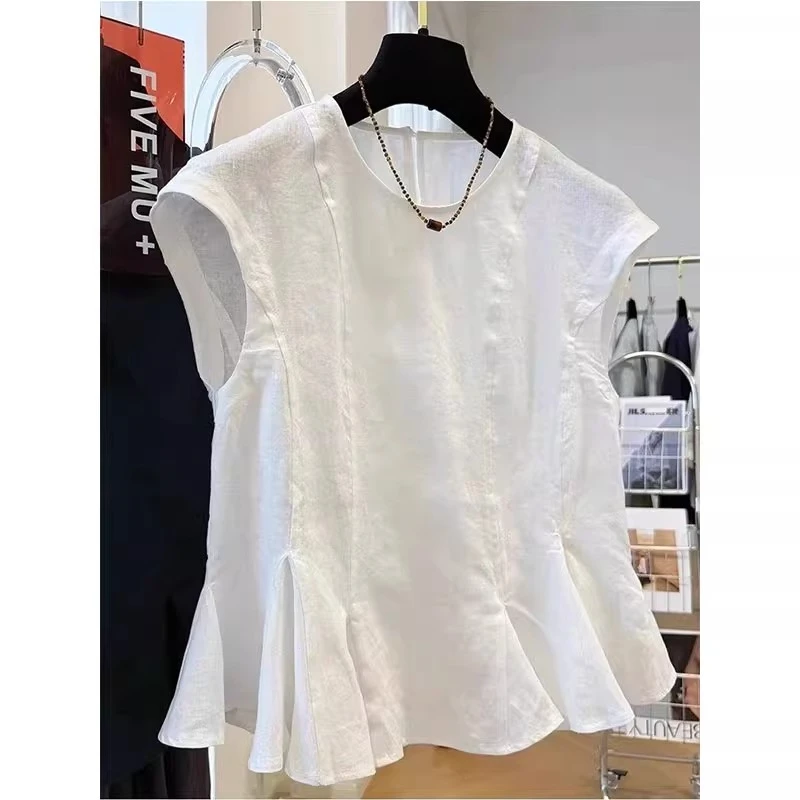 韩系2025年夏季新款休闲气质上衣女简约时尚荷叶边圆领无袖衬衫潮