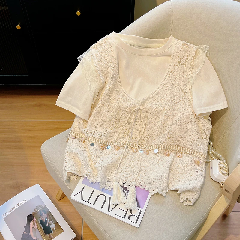 波西米亚度假风镂空钩花吊带背心女夏短袖蕾丝花边叠穿马甲两件套