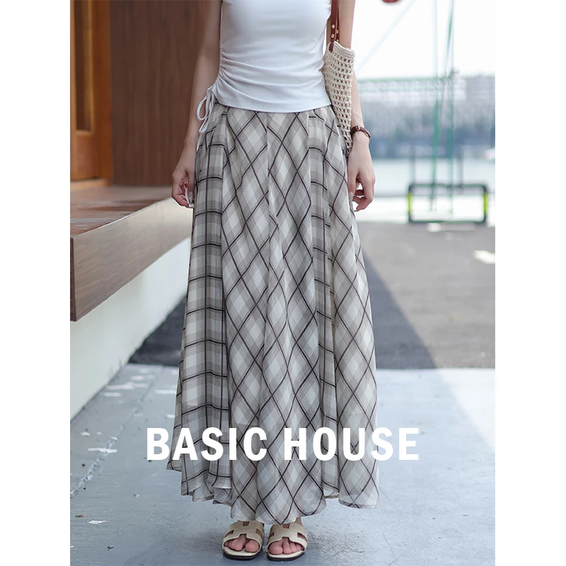 Basic House/百家好CSM新款复古优雅高腰松紧格纹半身裙垂感气质