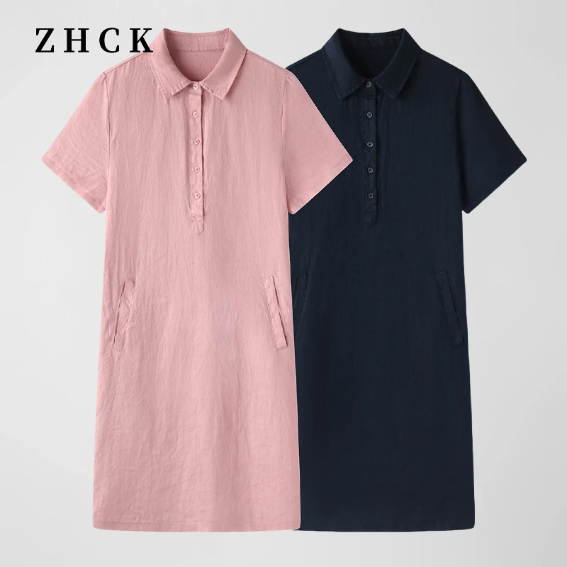 ZHCK亚麻翻领宽松百搭连衣裙2025夏季新款韩系设计感显瘦连衣裙女